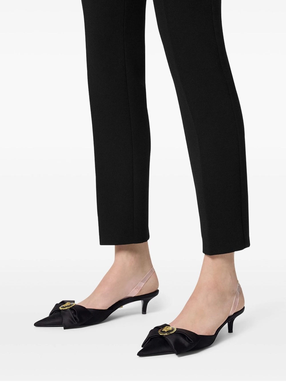 Versace Black Pointed Toe Bow Slingback Heels with Gold Medusa Accent